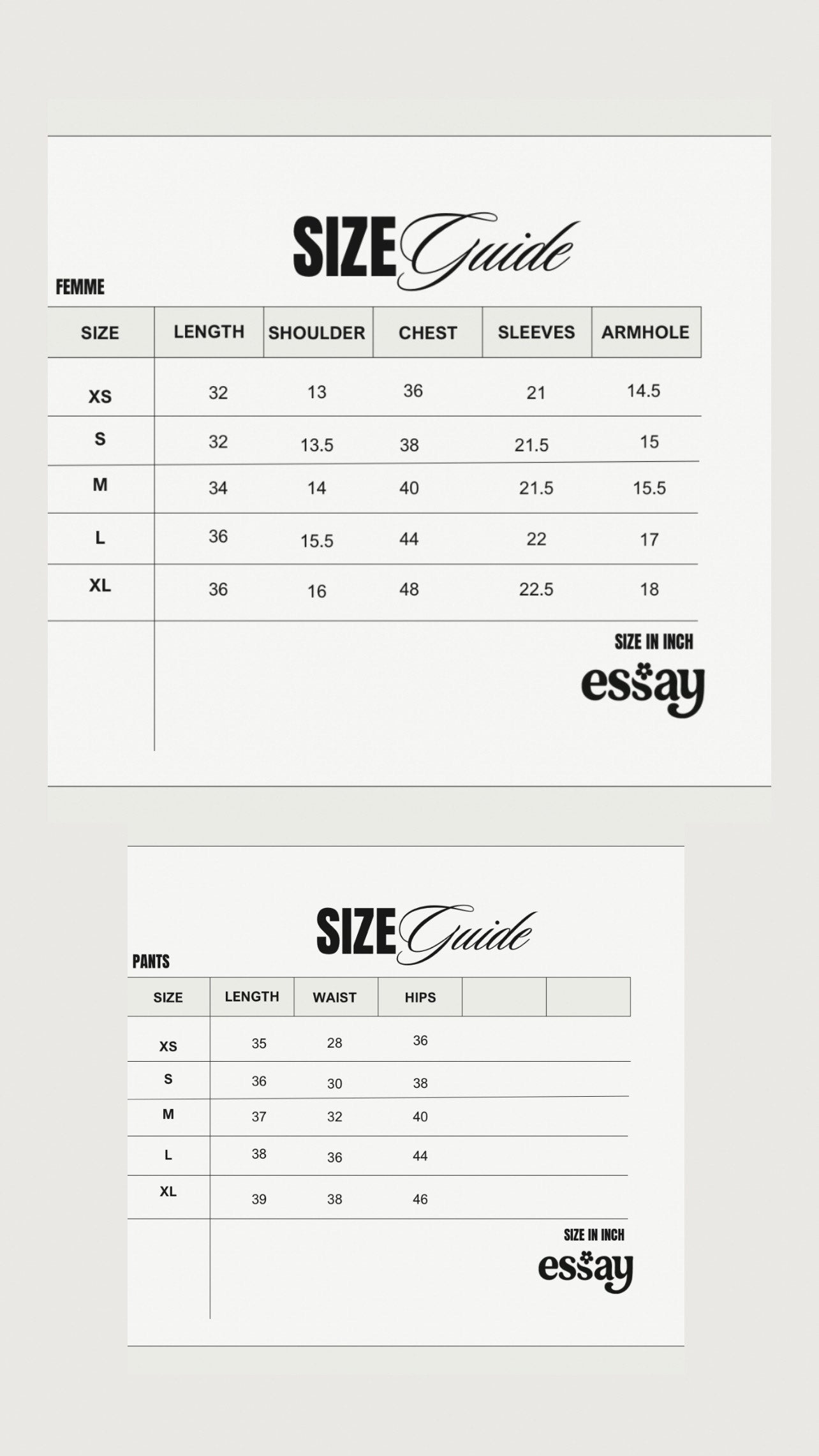 Size chart for Femme