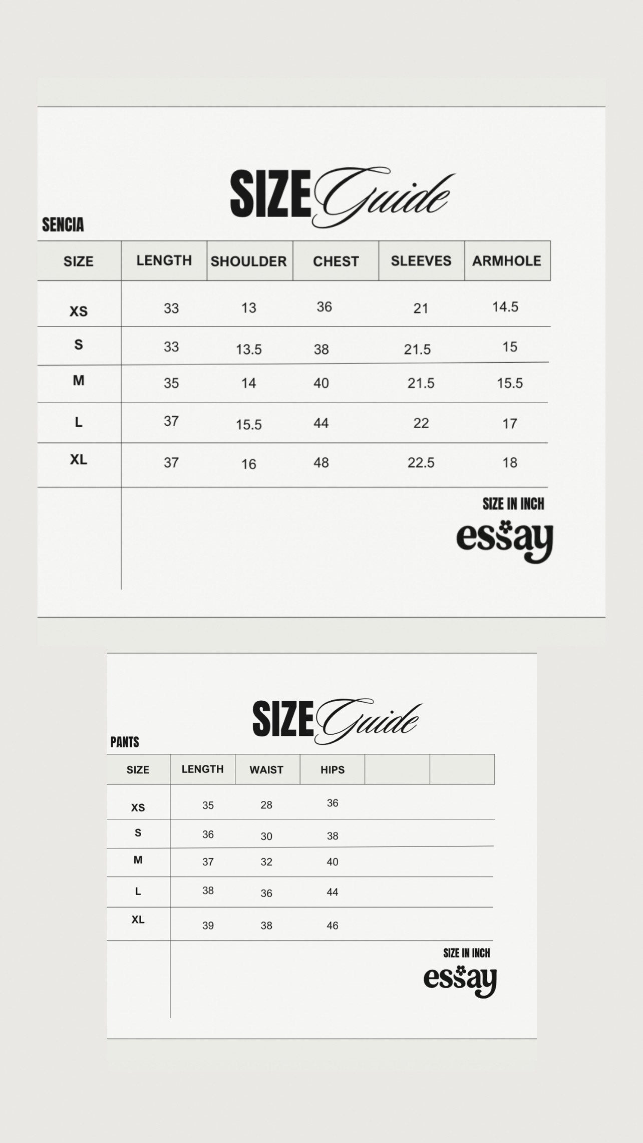 Size chart for Sencia