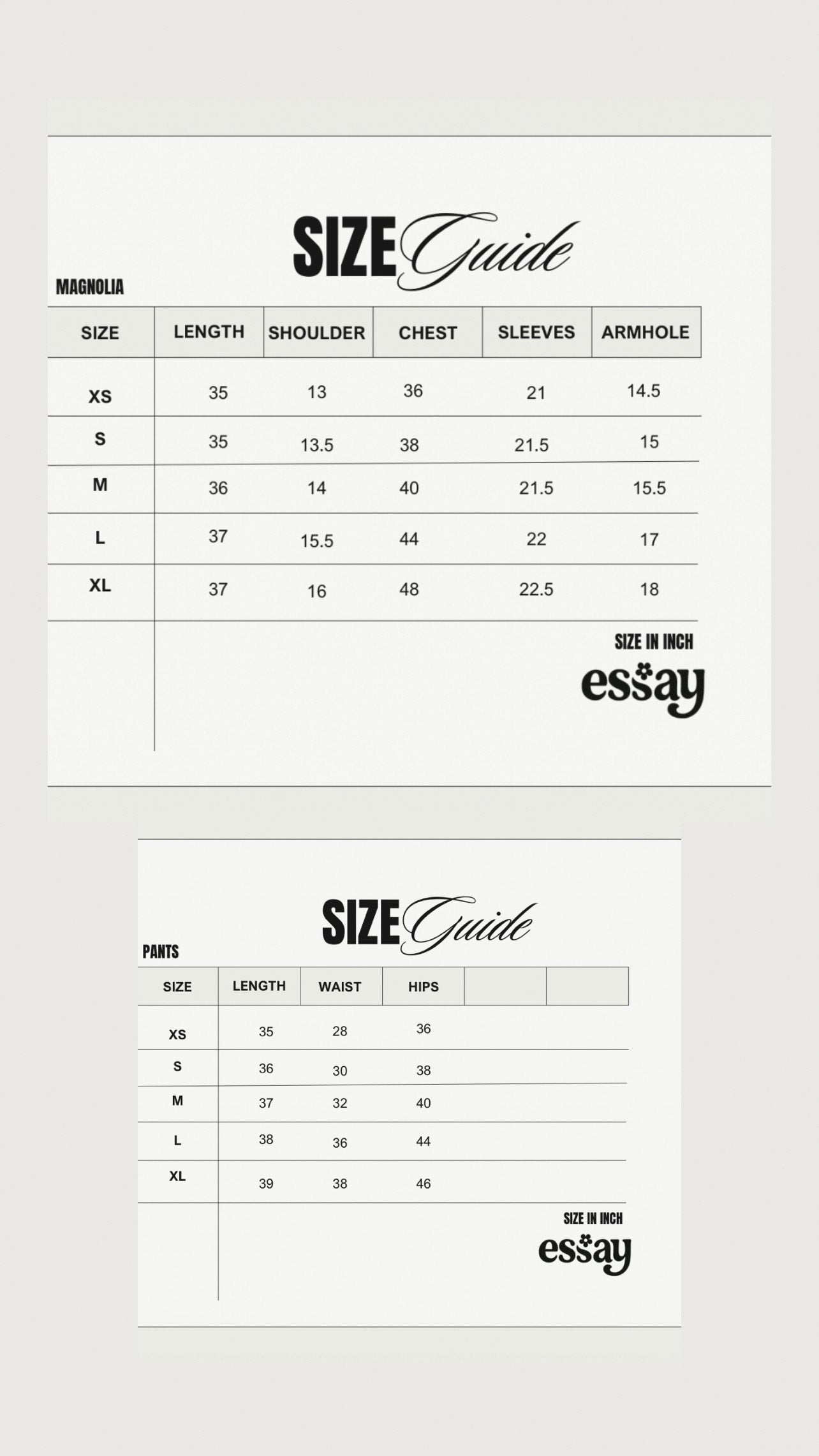 Size chart for Magnolia
