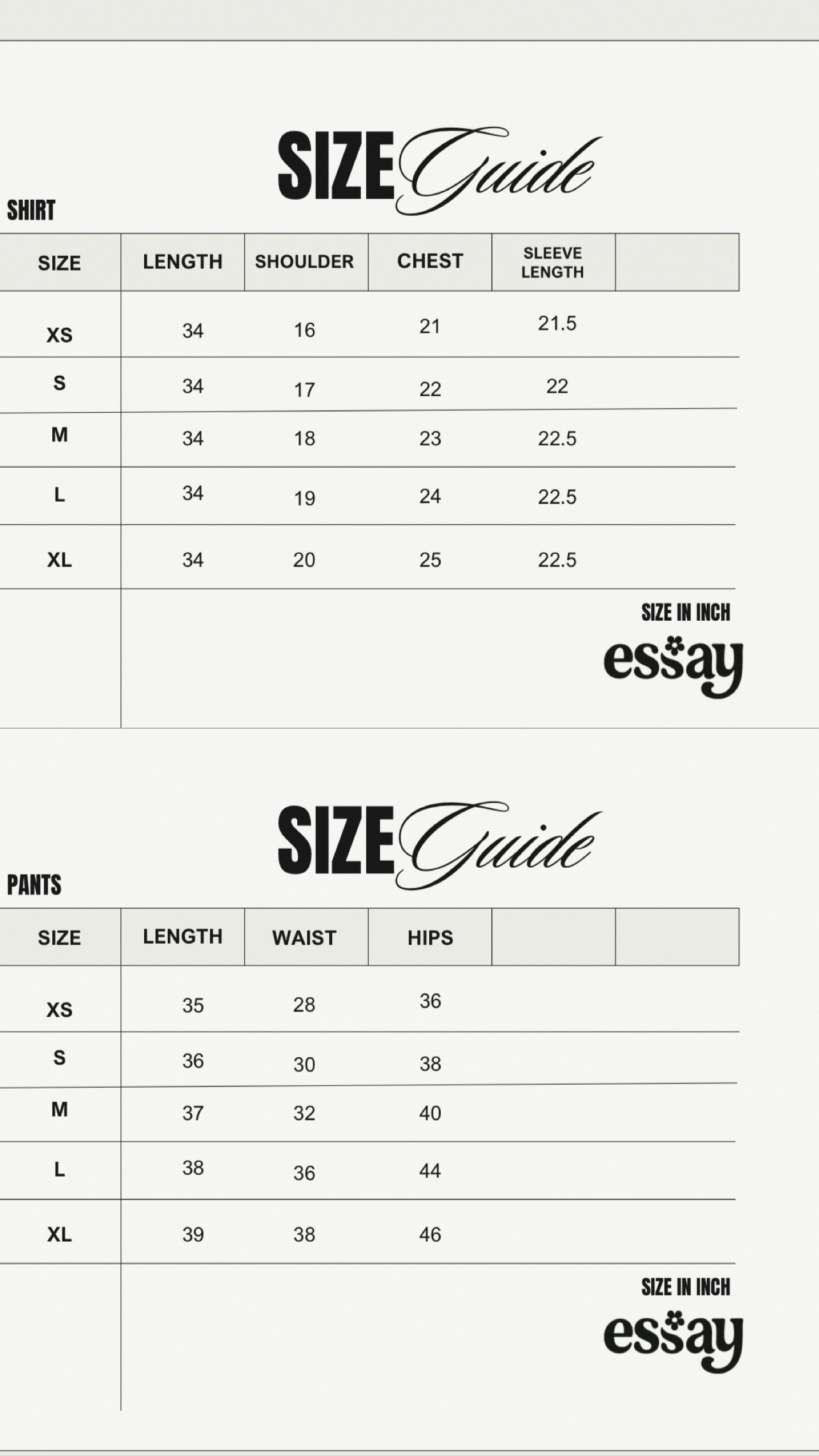 Size chart for Blackcurrent